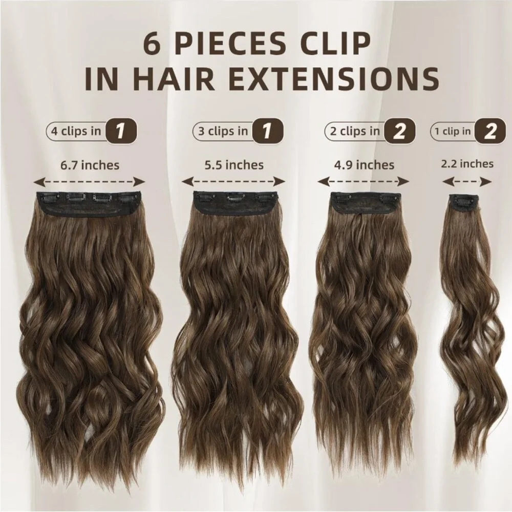 New Clip-in Hair Extensions 6PCS Medium Brown Long Wavy Soft Natural Blending